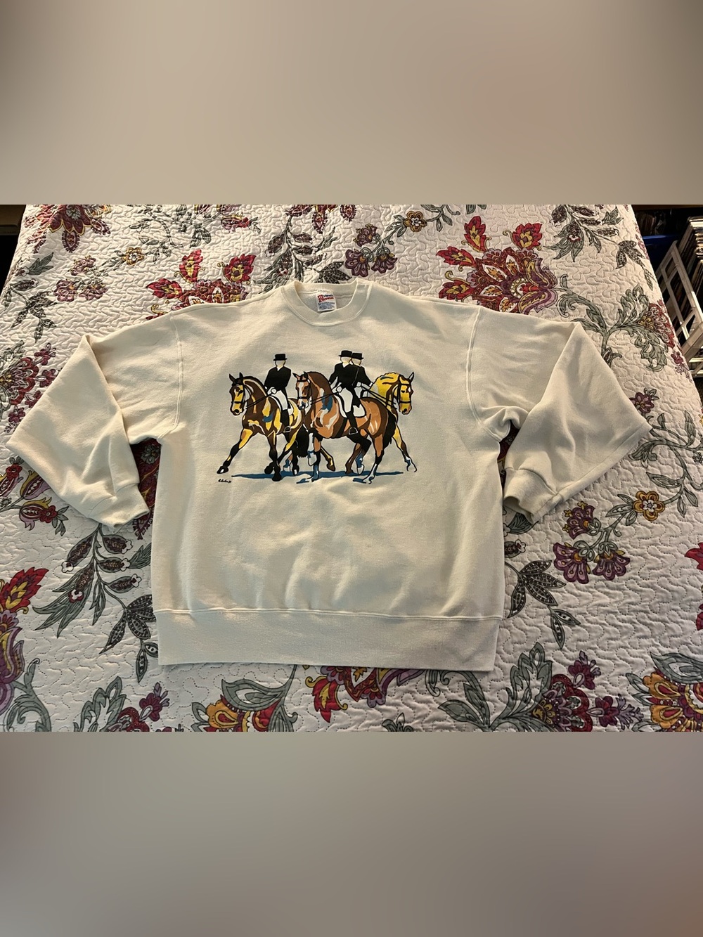 Vintage 90’s Hanes Equestrian Horse Crewneck Sweatshirt XL Cream Pullover
